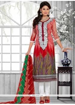 Noble Print Work Faux Chiffon Multi Colour Churidar Suit