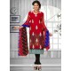 Sparkling Faux Chiffon Red Churidar Suit