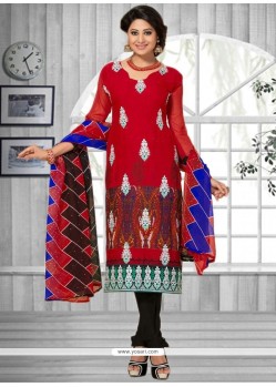 Sparkling Faux Chiffon Red Churidar Suit