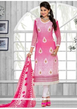 Snazzy Pink Print Work Faux Chiffon Churidar Suit