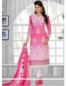 Snazzy Pink Print Work Faux Chiffon Churidar Suit