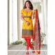 Awesome Cotton Yellow Print Work Churidar Suit