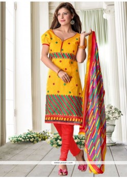 Awesome Cotton Yellow Print Work Churidar Suit