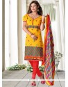 Awesome Cotton Yellow Print Work Churidar Suit