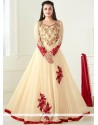 Diya Mirza Faux Georgette Cream And Red Floor Length Anarkali Suit