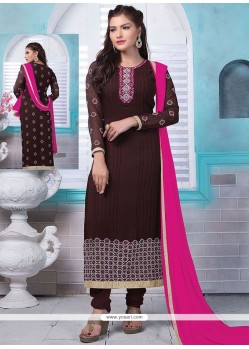 Enthralling Lace Work Brown Faux Georgette Designer Straight Suit