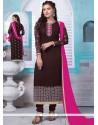 Enthralling Lace Work Brown Faux Georgette Designer Straight Suit