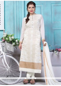 Conspicuous White Embroidered Work Designer Straight Suit