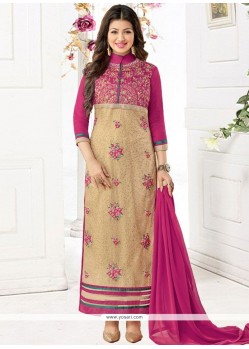 Ayesha Takia Beige And Hot Pink Faux Georgette Embroidered Work Churidar Designer Suit