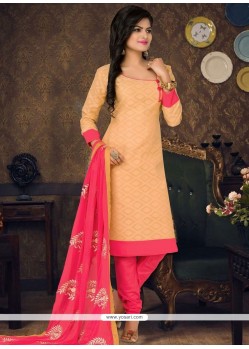 Compelling Embroidered Work Beige Cotton Churidar Suit