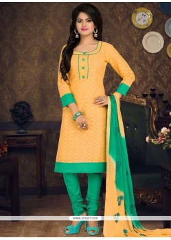 Cute Yellow Embroidered Work Cotton Churidar Suit