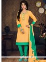 Cute Yellow Embroidered Work Cotton Churidar Suit