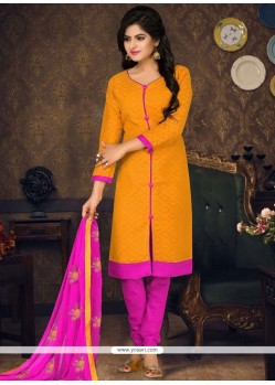 Urbane Cotton Mustard Embroidered Work Churidar Suit