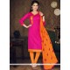 Embroidered Chanderi Cotton Churidar Suit In Hot Pink