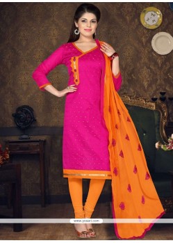 Embroidered Chanderi Cotton Churidar Suit In Hot Pink