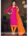 Embroidered Chanderi Cotton Churidar Suit In Hot Pink