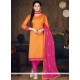 Classy Embroidered Work Orange Chanderi Cotton Churidar Suit