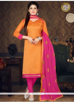 Classy Embroidered Work Orange Chanderi Cotton Churidar Suit