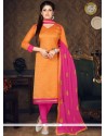 Classy Embroidered Work Orange Chanderi Cotton Churidar Suit