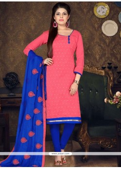 Blissful Embroidered Work Chanderi Cotton Rose Pink Churidar Suit