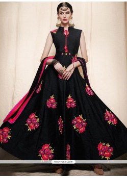 Swanky Resham Work Black Art Silk Readymade Anarkali Suit
