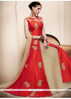 Flattering Red Resham Work Readymade Anarkali Suit