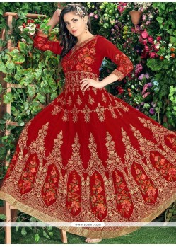 Majestic Faux Georgette Red Readymade Anarkali Suit
