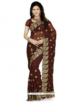 Patch Border Faux Georgette Classic Saree In Brown