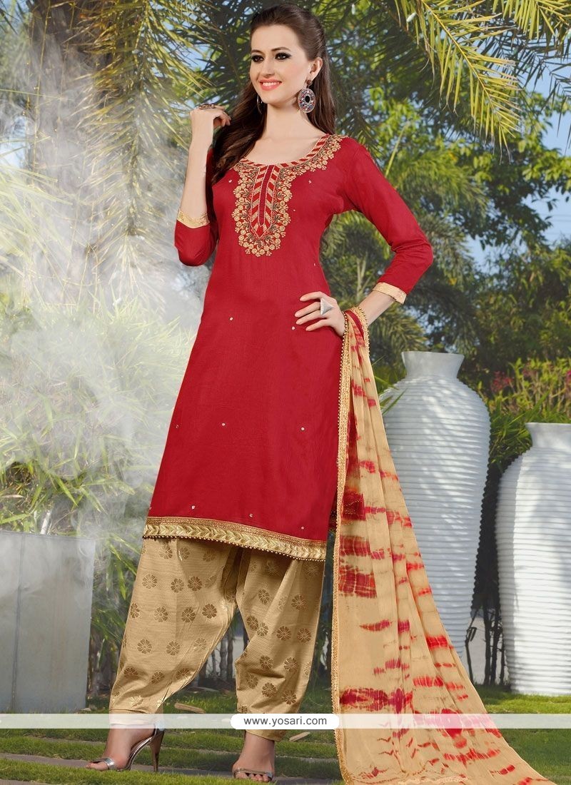 Buy Best Lace Work Cotton Red Punjabi Suit | Punjabi Patiala Suits