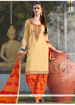 Congenial Embroidered Work Beige Cotton Punjabi Suit