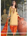 Congenial Embroidered Work Beige Cotton Punjabi Suit