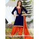 Mystic Cotton Navy Blue And Orange Lace Work Punjabi Suit