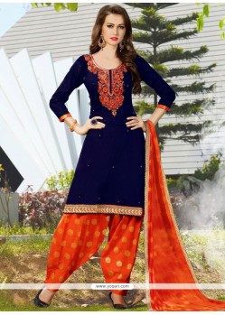 Mystic Cotton Navy Blue And Orange Lace Work Punjabi Suit