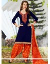 Mystic Cotton Navy Blue And Orange Lace Work Punjabi Suit