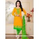 Glamorous Green And Yellow Resham Work Cotton Churidar Suit