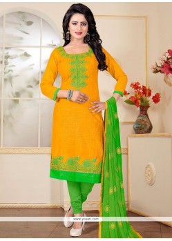 Glamorous Green And Yellow Resham Work Cotton Churidar Suit