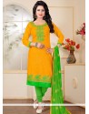 Glamorous Green And Yellow Resham Work Cotton Churidar Suit