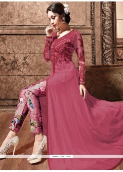 Topnotch Embroidered Work Faux Georgette Hot Pink Pant Style Suit