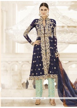 Exquisite Resham Work Navy Blue Faux Georgette Pant Style Suit