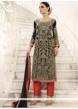 Superlative Lace Work Black Faux Georgette Pant Style Suit