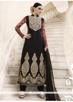 Embroidered Net Designer Straight Suit In Black