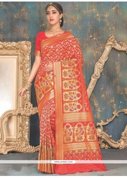 Weaving Banarasi Silk Traditional Designer Saree In Red