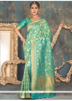 Heavenly Sea Green Weaving Work Banarasi Silk Traditional Saree