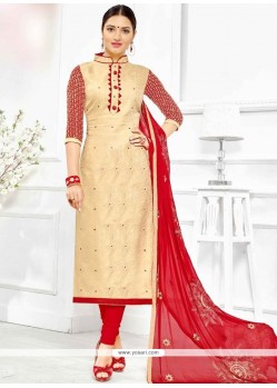 Sonorous Embroidered Work Cream Cotton Churidar Suit