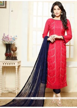 Irresistible Hot Pink Embroidered Work Faux Chiffon Churidar Suit