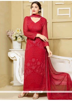 Exciting Faux Chiffon Red Embroidered Work Designer Straight Suit