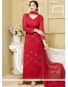 Exciting Faux Chiffon Red Embroidered Work Designer Straight Suit