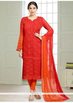 Flattering Orange Embroidered Work Churidar Suit