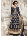 Invigorating Faux Georgette Navy Blue Embroidered Work Floor Length Anarkali Suit
