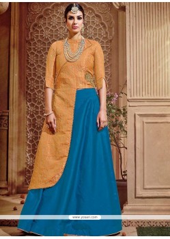 Savory Blue Embroidered Work Banarasi Silk Long Choli Lehenga